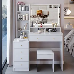 41“ Vanity Desk Set with Large LED Lighted Mirror, Wooden Makeup Vanity with 5 Drawers and Open Shelves, Adjustable 3 Color Modes, Cushioned Stool, White