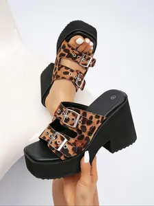 Women's Fashionable Leopard Print Double Buckle Design Platform Sandals, Casual Comfortable Platform Sandals for Summer, Female All-match Shoes for Daily Wear, Girl, Leopard Print Slides