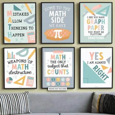 Hadley Designs Boho Colorful Math Motivational Posters (Set of 6, 11x14 inch) - Elementary School Classroom Wall Decor, Teacher Office Stationery Supplies for 2nd-3rd Grade Visual Learning