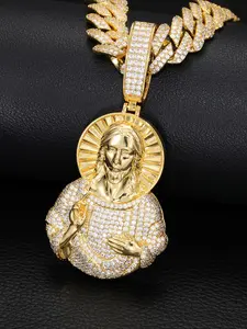 3-inch hip-hop diamond studded Jesus portrait pendant necklace, personalized sweater chain, nightclub cross, men's and women's Cuban chain, hip-hop style necklace, daily wear accessories, men's and women's birthday gifts, holiday gifts