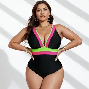 Color Block Lace Up Deep V One Piece Swimsuit, Tummy Control High Cut Bathing Suit, Pool Party Swimwear
