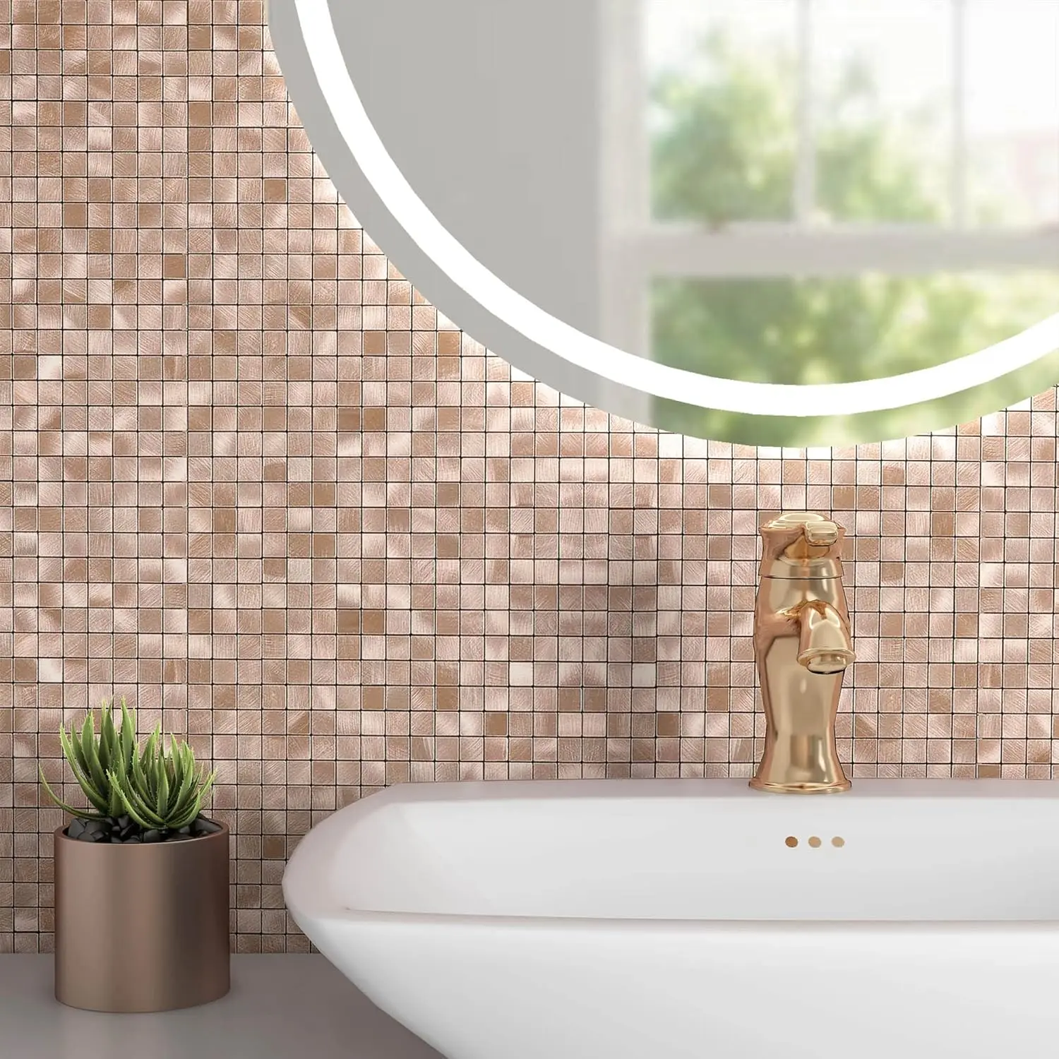 Peel and Stick Backsplash Tile Stickers, Kitchen Bathroom Wall Adhesive Small Metal Tiles Square-10sheets Rose  Copper