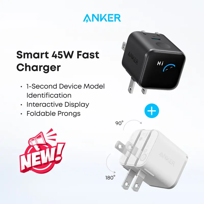 [live only] Anker Nano Charger (45W, Smart Display, 180° Foldable)，New Arrival Set sohochic, Plug, Cellphone, Device