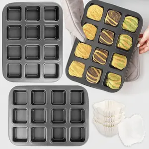 Pack of 2 Non-stick Brownie Pan with 100pcs White Cupcake Liners, 12-Cavity Heavy Duty Carbon Steel Mini Muffin Pan Small Edge 3x4 Individual Cutter Sheet Tray for Cookie Oven