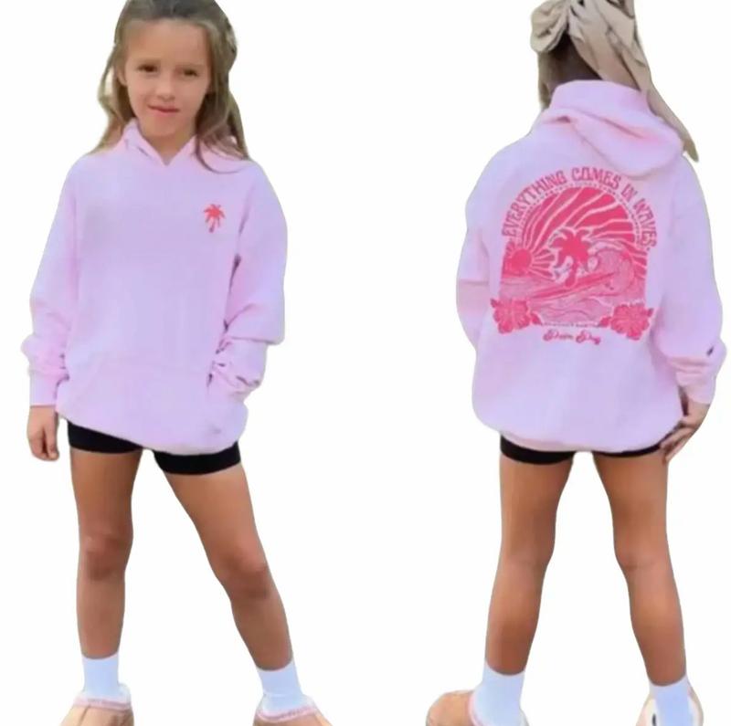Adult & Youth Pink Palm Puff Hoodie Everything Comes in Waves Oversized Sweatshirt Unisex Loose Fit Gift For Fans Beach Aesthetic Pullover