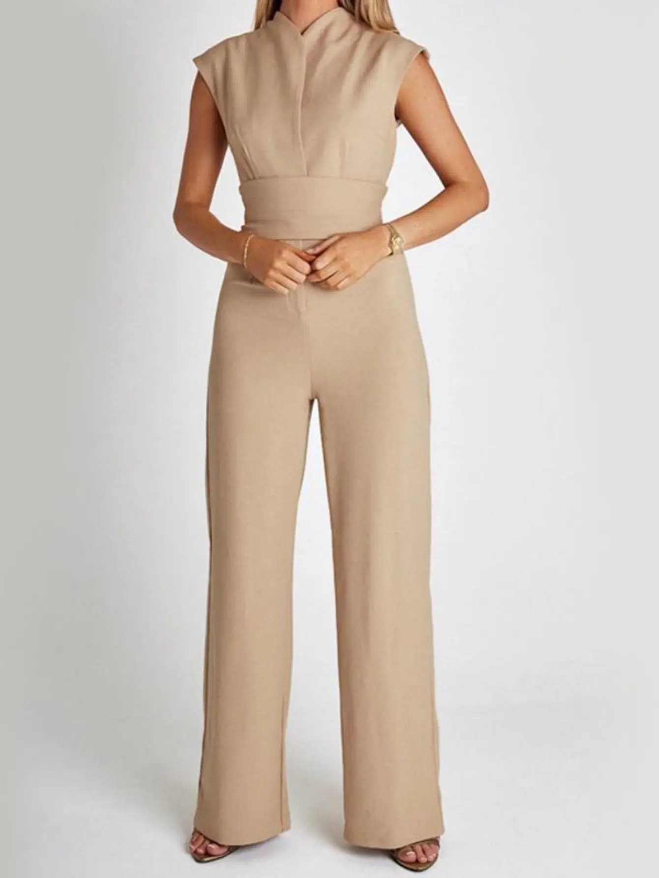 Women's Elegant High-Waist Overalls - V-Neck Sleeveless Straight Wide-Leg Polyester Blend Casual Pants, Summer Jumpsuits with Quality Fabric, Asian Sizing Women's Suits & Sets, Do Not Dry Clean
