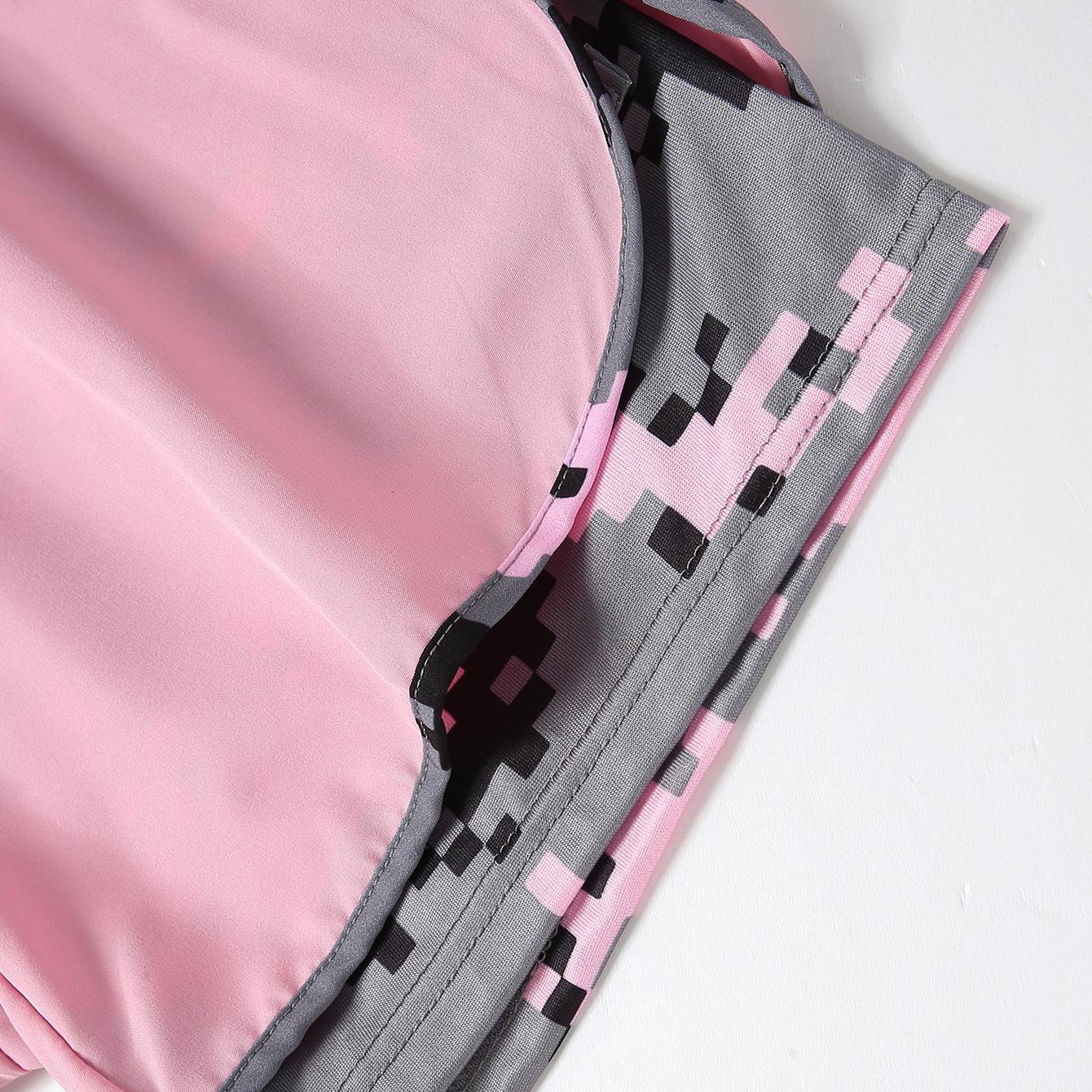 Women’s summer shorts: double-layer faux two-piece mid-length shorts; camouflage women’s shorts; polyester–spandex knit fabric shorts; breathable, quick-drying compression base layer shorts; elastic waistband with drawstring; side mesh pockets; suitable f