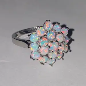 Sterling Silver Lab Opal Cluster Set Ring