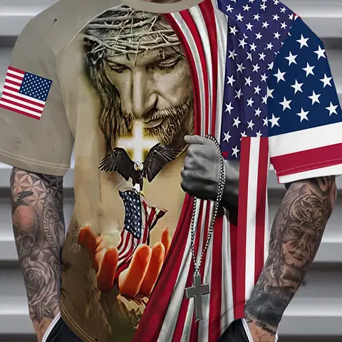 2026 Men's Christian American Flag T-Shirt Fitted, 3D Print Jesus Cross and Eagle, Long Sleeve, Casual Streetwear Galaxy Ethnic Pattern, Gift for Pastor Boyfriend Top Graphic T Shirt
