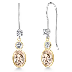 14K Two Tone Gold Peach Morganite and Lab Grown Diamond Dangle Earrings for Women | 1.66 Cttw | Gemstone October Birthstone | Oval 7X5MM