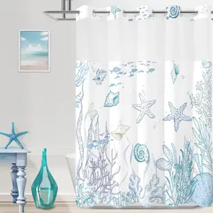 No Hook Shower Curtain with Snap-in Liner, Beach Ocean Nautical Coastal Shower Curtain & Liner Set, Waterproof Washable Seashell Fabric Bath Curtain for Bathroom, Blue 71" x 74"