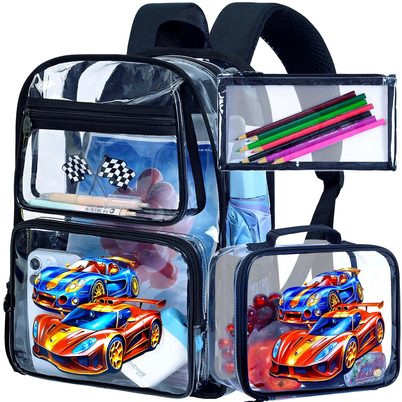 3PCS Clear Backpack for Boys, Kids Dinosaur Transparent Bookbag Heavy Duty, Cute See Through Backpacks with Lunch Bag - Blue Summer school bag