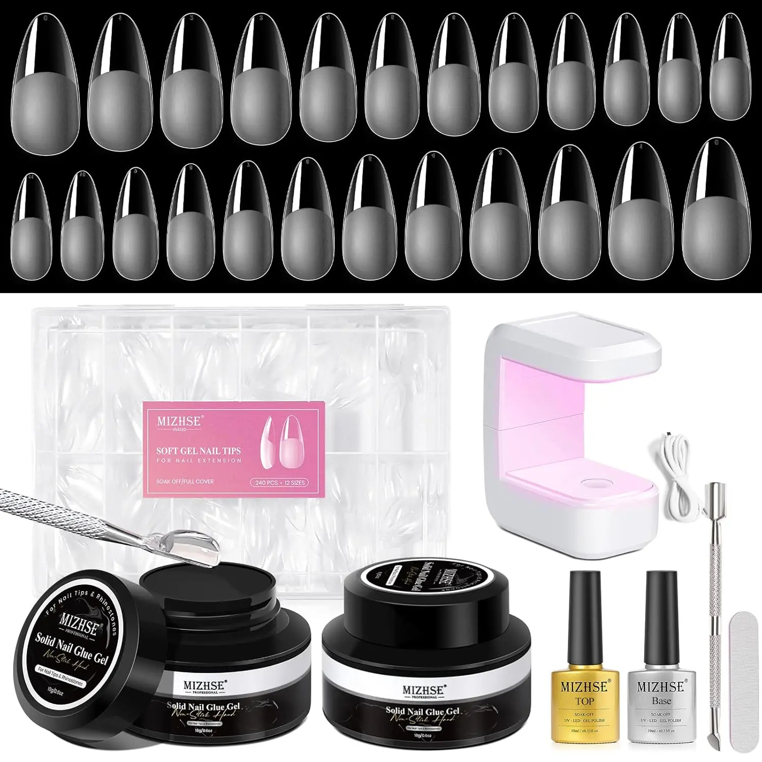 MIZHSE 6-in-1 Nail Kit – Solid Glue, 240pcs Almond Tips, UV Lamp, DIY Extension Set