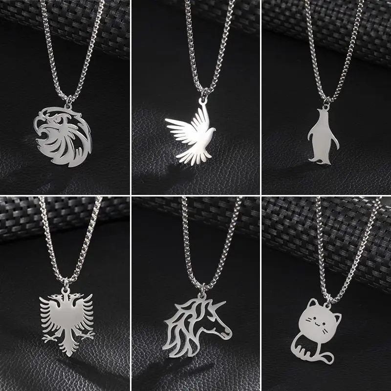 Gothic Albania Eagle Pendant Necklace Men Stainless Steel Unicorn Penguin  Long Chain Necklaces  Neck Jewelry