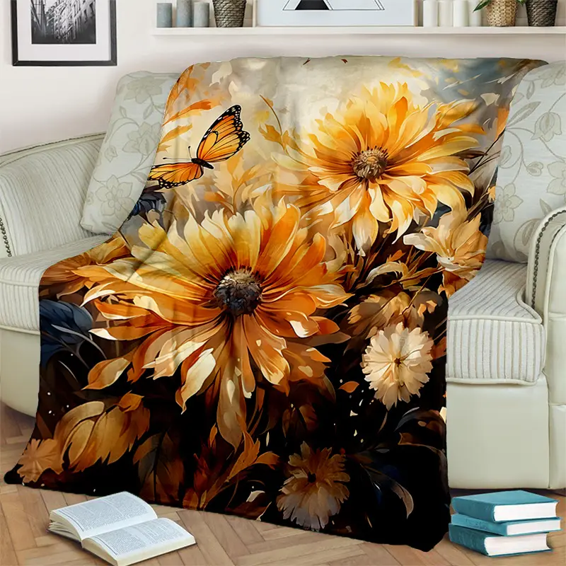 Golden Sunflowers Print Lightweight Flannel Throw Blanket - Soft Warm Digital Printing Fleece, Sizes 50x76in,76x100in,100x130in,150x200in,50*60in(130*150cm) - Ideal for Couch - Perfect Gift for Family - Home Festive Decor Supply, 50*60(130*150Cm)