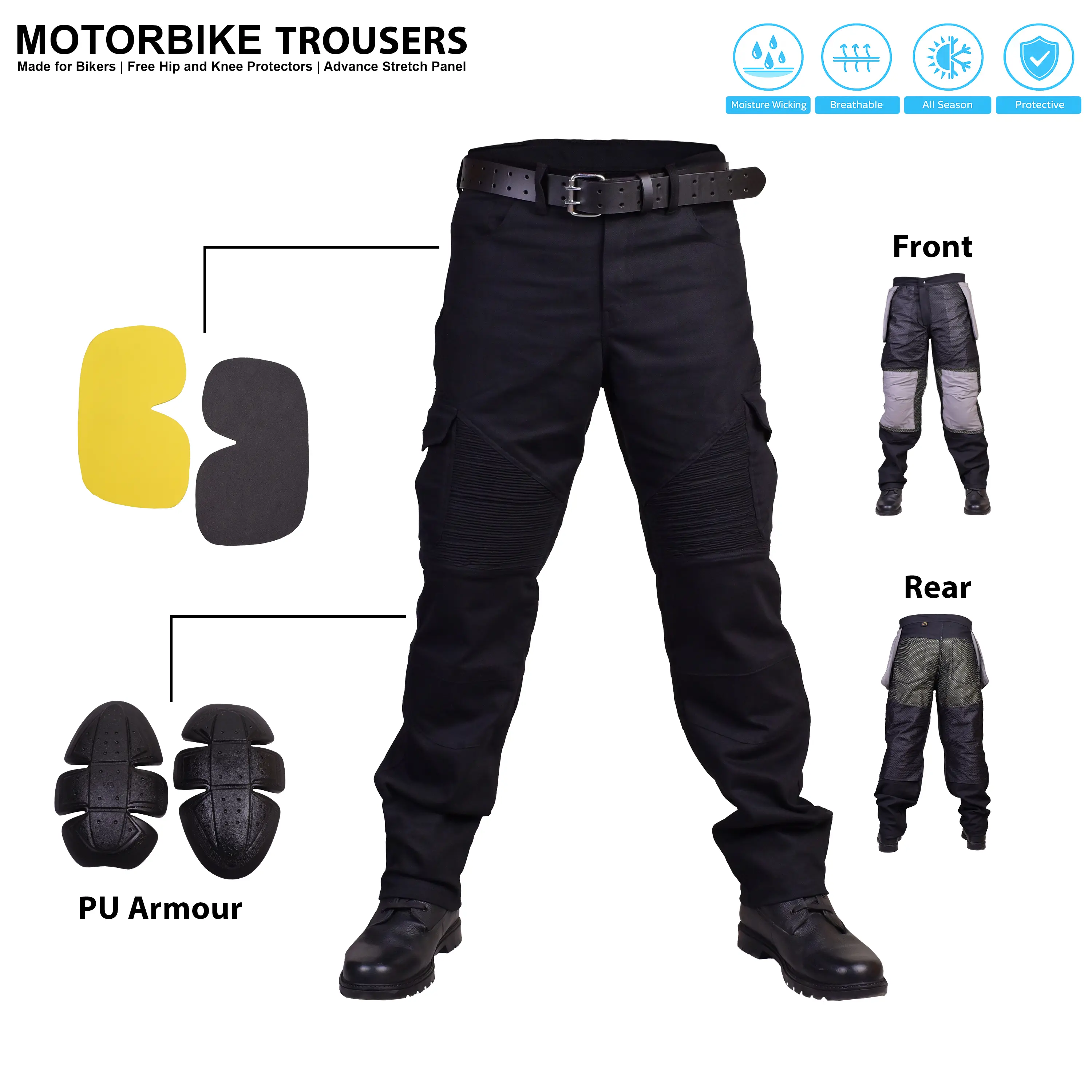 Men's Motorbike Trousers Motorcycle Cargo Pants with Kevlar Lining CE Approved Armour Knee Hip Protectors Biker Riding Jeans Waterproof Windproof Reinforced Protective Racing Pants All Season Black