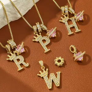 2026 Newest Copper Zircon Crown Three-in-One Necklace 26 Alphabet Pendant Charm Jewelry for Women Girls Gift