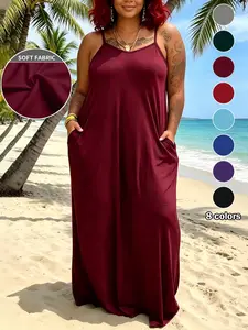 Plus Size Women's Summer Casual Dress, 8 Colors Available, Long Loose-Fitting Strappy Dress with Pockets, Perfect for Daily Wear