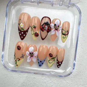 Fall Nails - Fall Press on nails long almond nails - Polka Dots Nails - 3D Alarm Clock Nails - Garden Nails - Ladybug Nails - Cute Nails - Kawaii Nails
