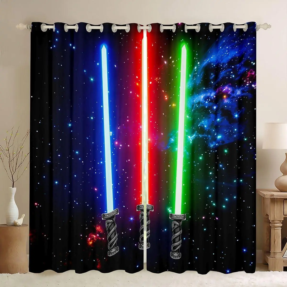 3D Lightsaber Curtains Green Blue Red Lightsaber Window Curtains Bedroom Living Room Cool Lightsaber Window Drapes Neon Lightsaber 30%-50% Blackout Curtains,,2 Panels