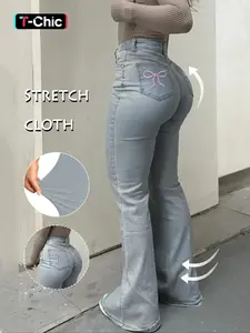 GILIPUR Y2K Women's Casual Chic Denim Flared Leg Pants, Trouser, Back Pocket Embroidered Bow Embroidery Mother Stretchy Jeans For All Seasons