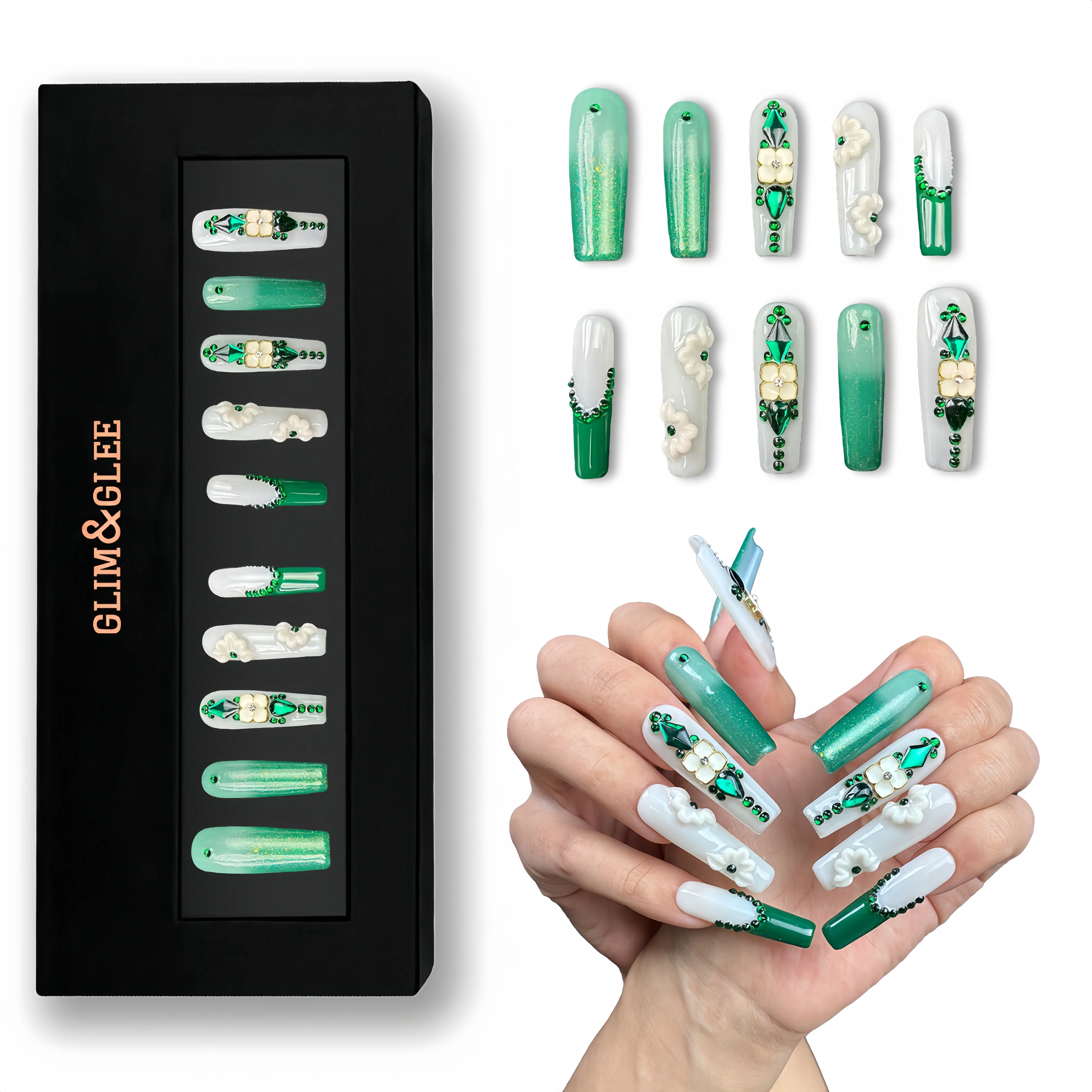 GLIM&GLEE Handmade Press On Nails for Healthy Natural Nails, Reusable Acrylic Kit, Glamorous Long Coffin with 3D Floral & Emerald Rhinestones, Green Party Design, Beauty Products, Box, Unisex