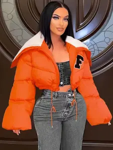 Zip Front Puffy Warm Coat, Drawstring Long Sleeve Crop Jacket for Winter