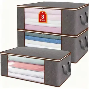 3 Piece Extra Large Foldable Clothes Storage Bags, Dark Non-Woven, Transparent Window, Durable Zipper, Handle, Closet, Bedroom, Dorm
