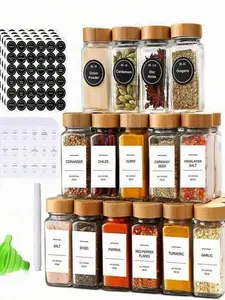 12pcs 40oz Square Seasoning Canisters, Pepper Powder Bottles 120ml Bamboo/Wood/Glass Condiment Jars Set