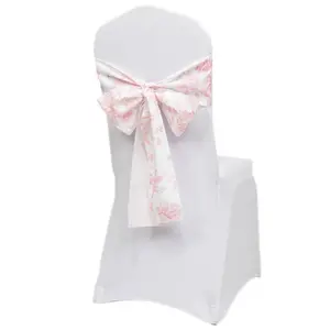 Polyester Chair Sashes White/Pink French Toile Floral Design - Wrinkle-Resistant & Durable Chair Bows 6"x108"
