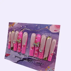 Press On Nails by Jan XXL Pink Square Glitter PRESS ON Nails, Medium Size Customizable, Gel Polish, Nail Charms, Rhinestones, Flowers, Gold Foil