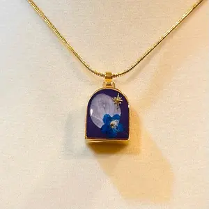 Eloise Arch Locket Necklace with Blue Floral Design and Gold Chain