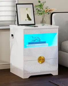 FREDEES Modern Nightstand with Gun Drawer, Bedside Table with 3-Color LED Lights & Human Sensor, Smart Night Stand with Charger Station, 2 Drawers End Table for Bedroom, White