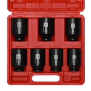 7PCS 1/2 Inch Drive Deep Impact Socket Set, 1-3/8" - 1-3/4", Spindle Axle Nut Sockets, SAE, Deep, 6-Point, CR-MO