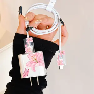 Lily Flower Pattern Charger Data Line Protector Case, Compatible with Apple 20w Fast Charging Adapter, Anti-Scratch, Fits iPhone 15/16/17 Series