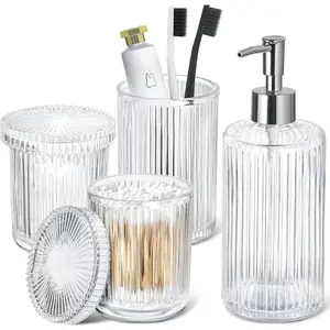 4 Pack Complete Clear Glass Bathroom Accessories Set, Ribbed Soap Dispenser, Toothbrush Holder and 2 Qtip Holders, Modern Sliver Bathroom Counter Decor