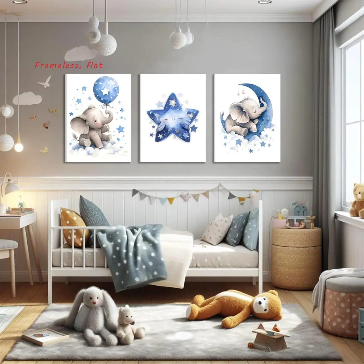 3-Piece Set / Nursery Canvas Wall Art Blue Elephant, Moon & Star Theme Space Theme Design Decorative Painting Adorable Animal Baby Girl Room Poster Print Children's Bedroom Decor Waterproof Artwork, Frameless, Unframed