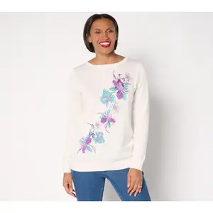 Denim & Co. Placed Print Long-Sleeve Boatneck Sweater