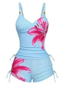 RETRO STAGE Women's 1950s Lily Floral Printed Vintage Tankini Swimsuit Set - Polyamide Blend, Wireless Tankini Tops, High-Stretch Lace-Up Fitted Shorts Swim Set, Fashion Chic Bathing Suit, Multi-Size