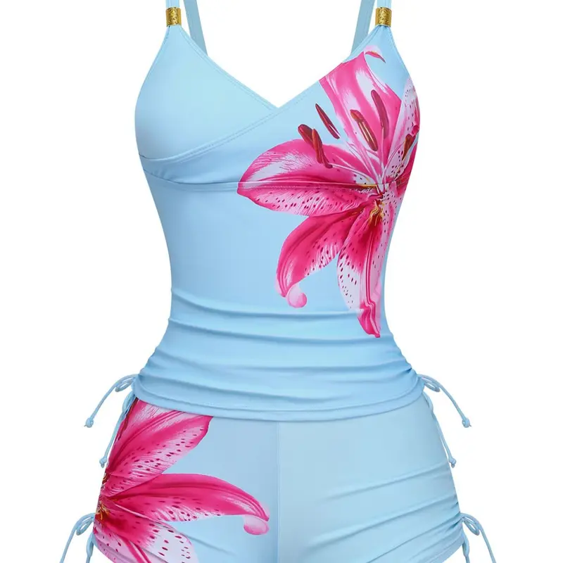 RETRO STAGE Women's 1950s Lily Floral Printed Vintage Tankini Swimsuit Set - Polyamide Blend, Wireless Tankini Tops, High-Stretch Lace-Up Fitted Shorts Swim Set, Fashion Chic Bathing Suit, Multi-Sizesummer outfits beach essentials vacation BackToSchool