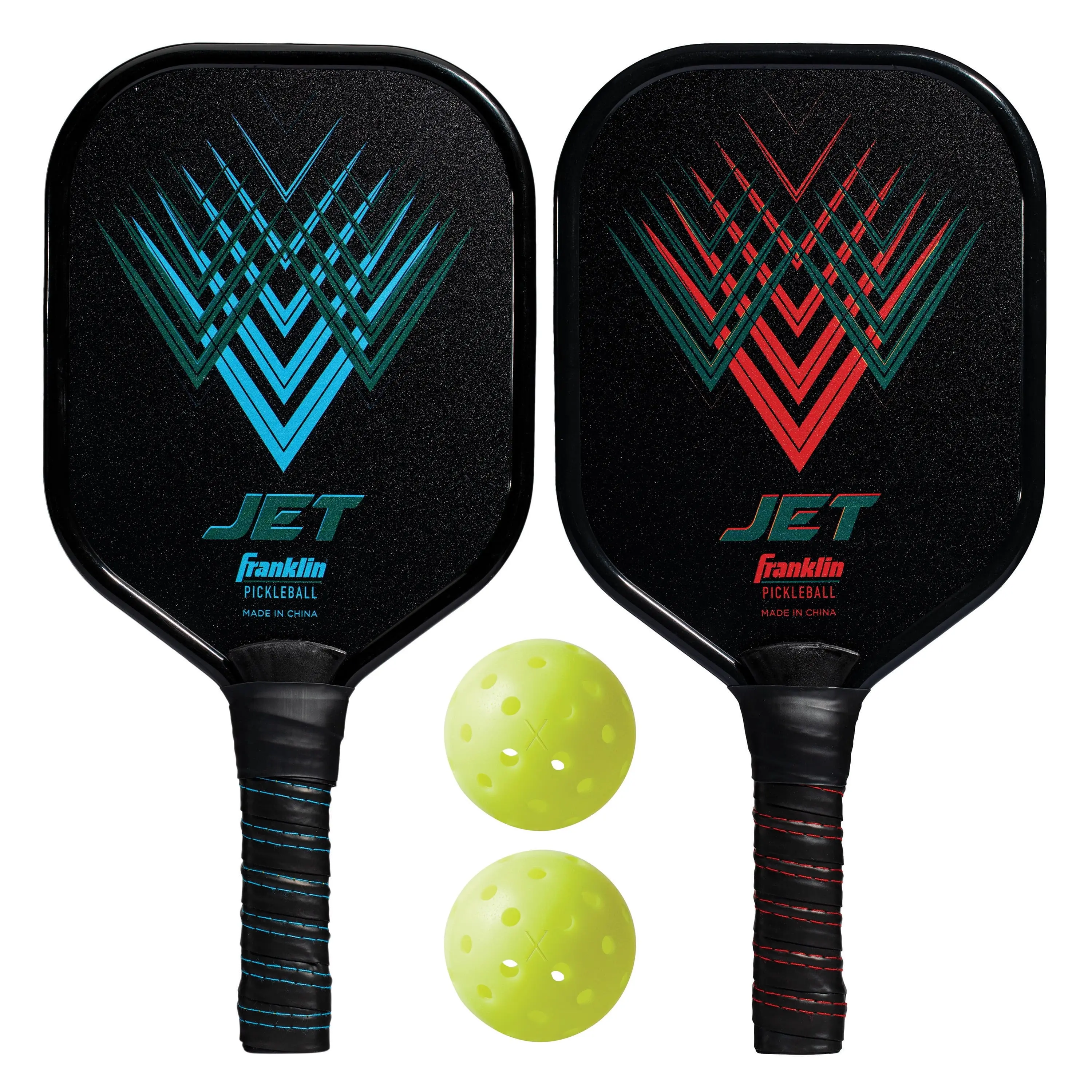 Franklin Jet Pickleball Paddle Set, Unisex Dual-Plated Aluminum Paddles with Form Fitting Non-Slip Grip, Includes 2 USAPA Approved Balls for Outdoor Play, Black, Dual-Plated Aluminum Design, Plastic, Functional