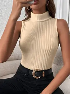 Women's Fashion High Neck Sleeveless Slim Fit Vest Top, Casual Breathable Plain Color Top for Spring Summer Womenswear