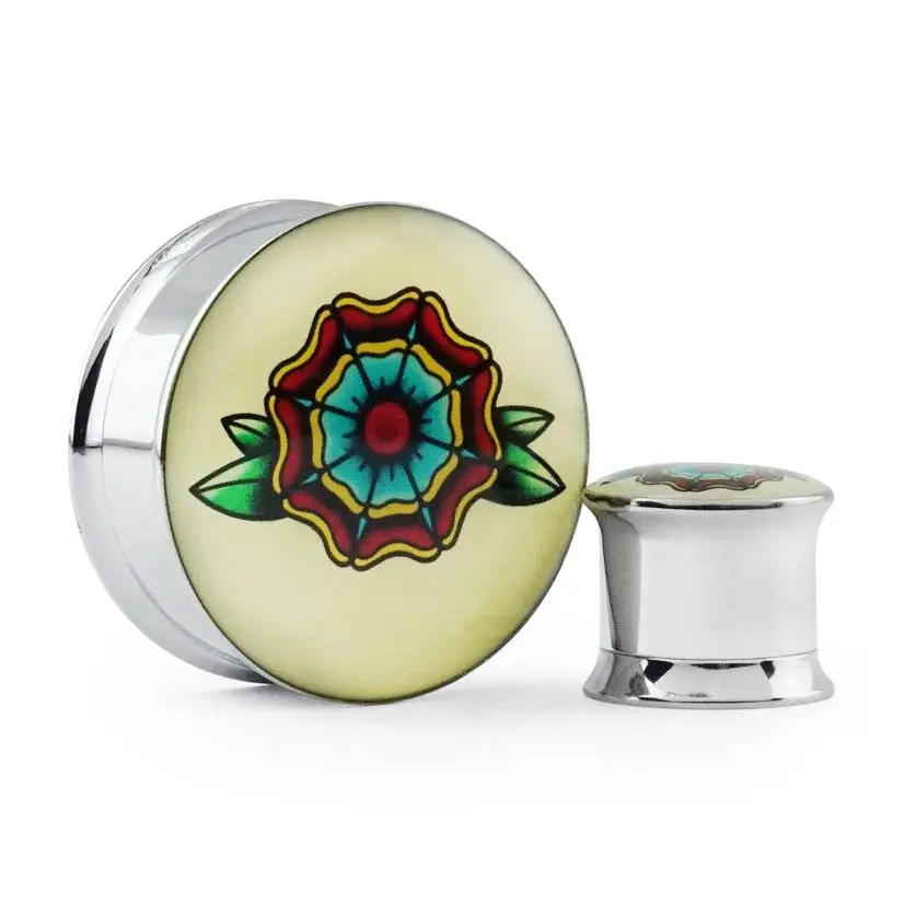Traditional Flower Tattoo Steel Plugs