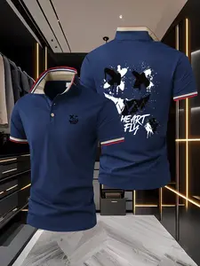 Vintage Smiley Face Colorblock Polo Shirt, Street Fashion Casual Golf Tee, Slim-Fitting Print Clothing, Unisex Summer Wear