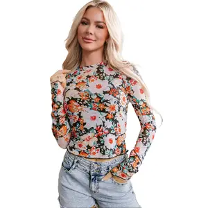 Orange Floral Mesh Slim Long Sleeve Crop Top