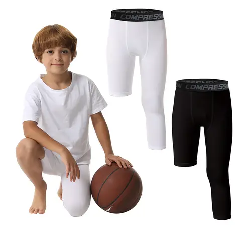 AYJKSEVEN Kids' Unisex 3/4 Single Leg Compression Athletic Bottoms - Asymmetrical Cut, 92% Polyester-Spandex Blend Active Activewear, for Basketball,Soccer (4-5 Years), All Seasons, Machine Washable, Muscle Strain Prevention, Blood Circulation Regulation