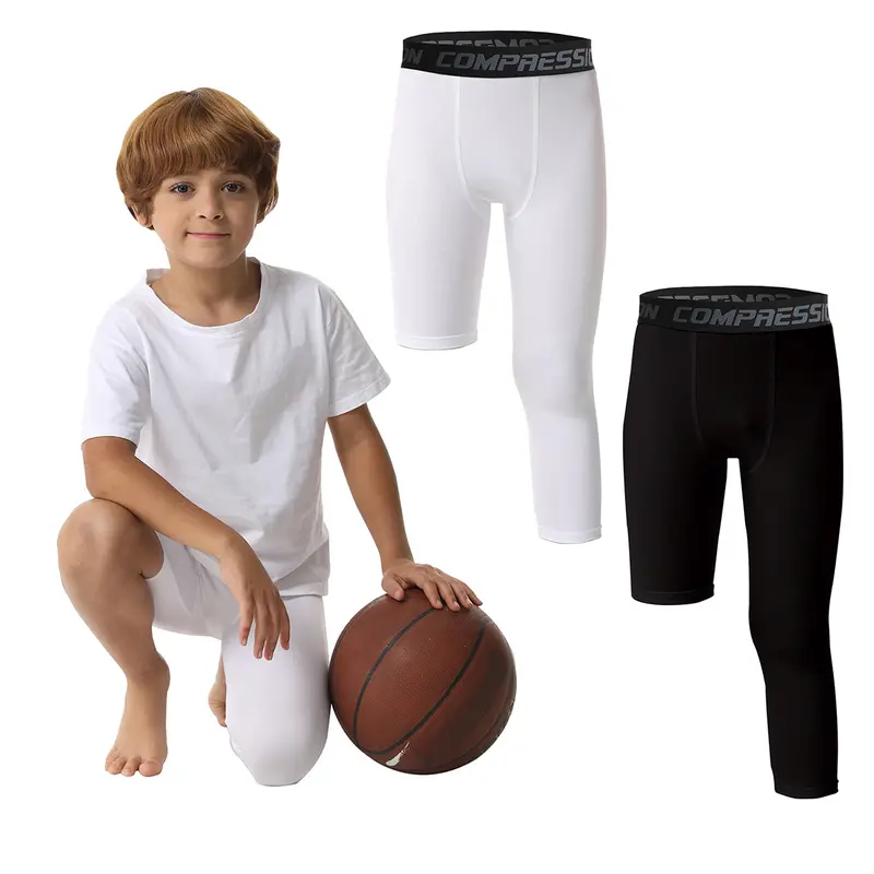 AYJKSEVEN Kids' Unisex 3/4 Single Leg Compression Athletic Bottoms - Asymmetrical Cut, 92% Polyester-Spandex Blend Active Activewear, for Basketball,Soccer (4-5 Years), All Seasons, Machine Washable, Muscle Strain Prevention, Blood Circulation Regulation