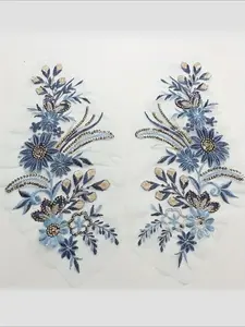 Blue Sequin Lace Embroidered Dress Collar Patch Set, Wedding Decoration, DIY Sewing Jacket Iron-On Patches, Backpack Jeans T-Shirt Repair