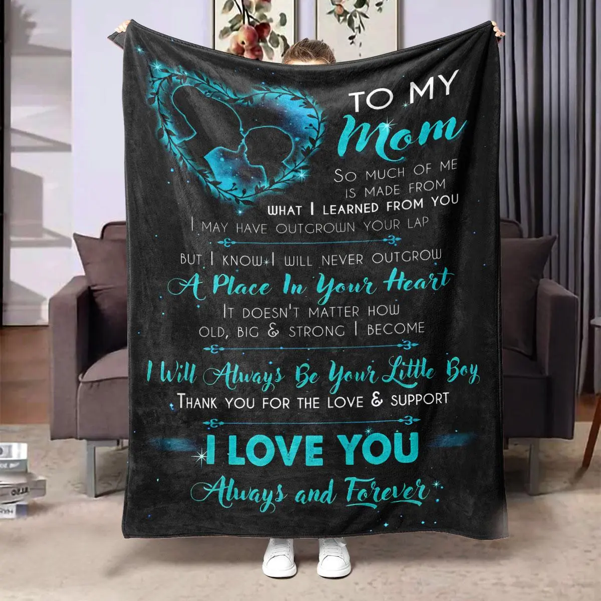 Mother's Day Must - Have! Black Slogan Print Blanket Showcases Mom - Son Silhouette in A Heart, Starry Details, and Loving Messages, Ideal for Bedroom/Sofa Use - Warm, Grateful Gift From Son, Uniquely Celebrating Mom's Love & Lifelong Support!