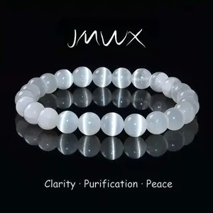 Natural White Cat Eye Bracelet, Crown Chakra Healing Crystal Bracelet, Selenite Stretch Beaded Bracelet, Anxiety Relief Positive Energy Jewelry, Protection Good Luck Stone, Boho Meditation Accessories, Spiritual Gift for Women Mom Her